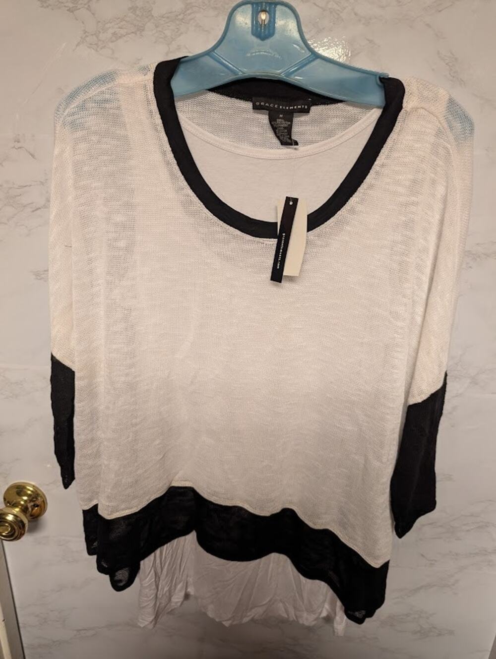 Grace Elements Size Medium White Black Knit Blouse Top Layered